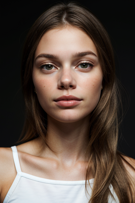 AnnaKolding, close-up portrait of head and shoulders, hair pulled back, ((photorealistic, lifelike skin texture, subtle imperfections, natural complexion, soft lighting, skin texture, natural beauty, serene, fine lines, pores, cinematic, high-end skincare ad, black background, extremely detailed, absurdres photograph))