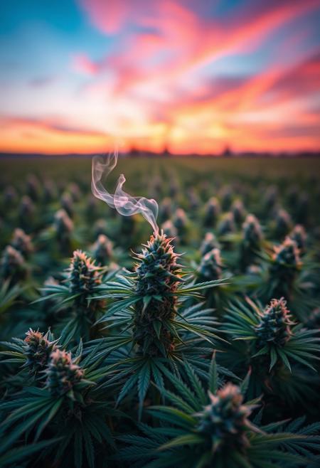 vibrant cannabis field, (lush green leaves:1.4), (sunset glow:1.2) casting warm light over the plants, (detailed textures:1.5), smoke swirling softly in the air, (cannabis buds:1.3) glistening with trichomes, peaceful and serene atmosphere, (natural light:1.4), wide field stretching into the distance, (colorful sky:1.2) with shades of pink and orange, (high-definition:1.6), (ultra-realistic textures:1.5), close-up details of cannabis plants, (soft focus in the background:1.2), modern, laid-back aesthetic, perfect for a cannabis culture feature, chill and relaxed vibe, (overexposed:-1.4), (unnatural colors:-1.5), (blurry:-1.6), (low-resolution:-1.7), (harsh lighting:-1.5), (distorted textures:-1.6)