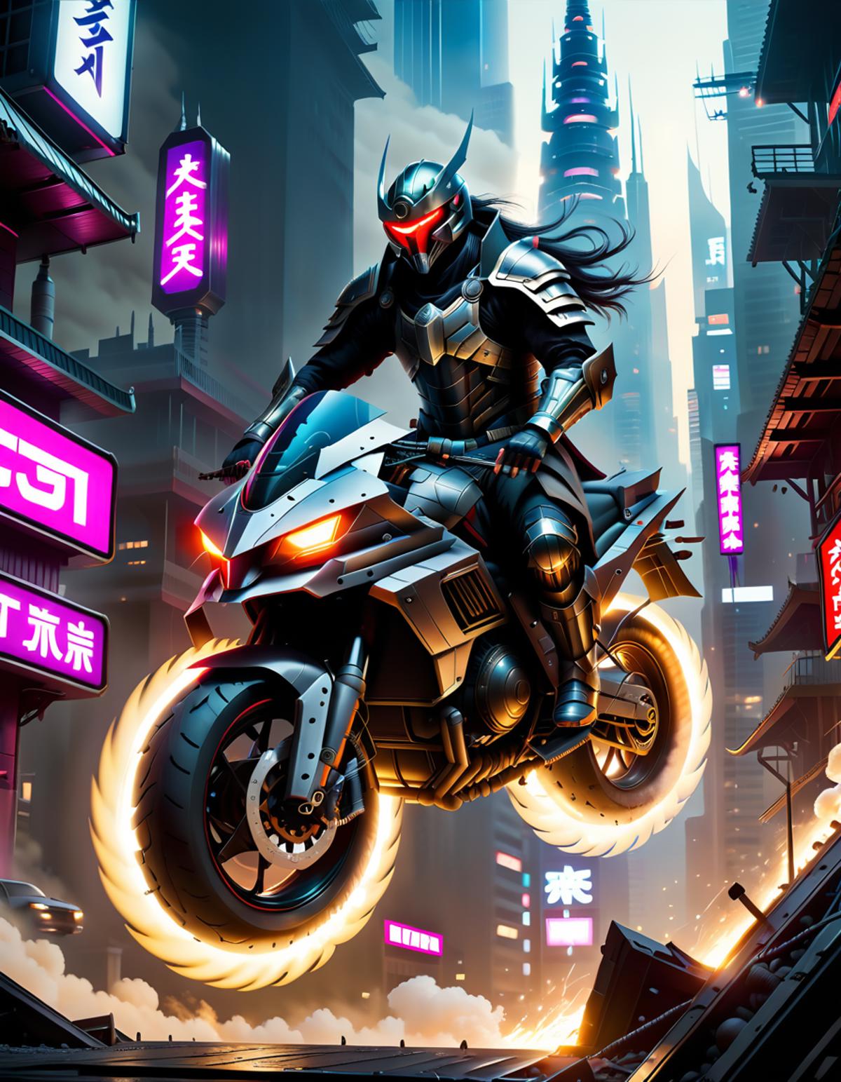 Futuristic Cyberpunk Motorcycle Rider in a Dystopian Cityscape