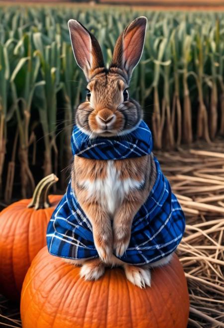 A young cute rabbit wearing blue plaid, close up shot, sitting on a wooden billet, professional pose in the pumpkin field, realistic.