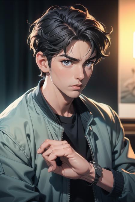 ((masterpiece)),((bestquality)),8k,high detailed,ultra-detailed,depth of field,extremely detailed CG unreal 8k,Anime style,Guido Daniele,<lora:add_detail:0.65>,
1boy,adult male,Slim body,handsome face,well-proportioned hands,Real Skin Texture,<lora:muscle_slider_v1:-0.257>,<lora:weight_slider_v2:-0.267>,
(portrait:1.15),[Iridescent lighting|Strip lighting|top light|Motivated lighting|Glare-free lighting],([glove biting|outstretched arm|Presenting|applying makeup|Running|Flapping|Spilling|Unsheathing|Yawning]),(Down jacket,Harem pants,Casual jacket,Oxfords,Sandals),Short Haircut,[Naughty Face|Gag],