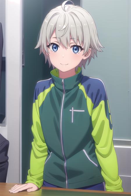 saikatotsuka, <lora:saika totsuka s2s3-lora-nochekaiser:1>,
saika totsuka, blue eyes, ahoge, grey hair, male focus, smile,
BREAK jacket, green jacket, shirt, white shirt, open jacket, shorts, green shorts, raglan sleeves,
BREAK indoors, classroom,
BREAK looking at viewer, (cowboy shot:1.5),
BREAK <lyco:GoodHands-beta2:1>, (masterpiece:1.2), best quality, high resolution, unity 8k wallpaper, (illustration:0.8), (beautiful detailed eyes:1.6), extremely detailed face, perfect lighting, extremely detailed CG, (perfect hands, perfect anatomy),