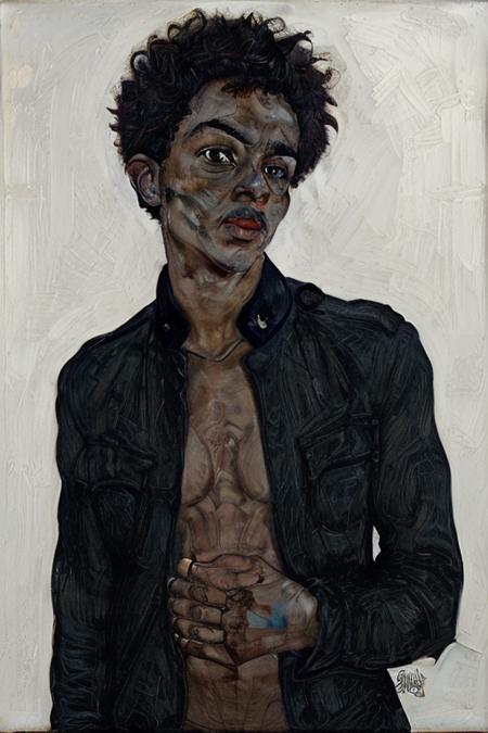 egonschiele, 1boy, male focus, solo, shirt, traditional media, black shirt, looking at viewer, realistic, fine art parody, closed mouth, upper body, black hair, jacket, short hair, signature, black jacket