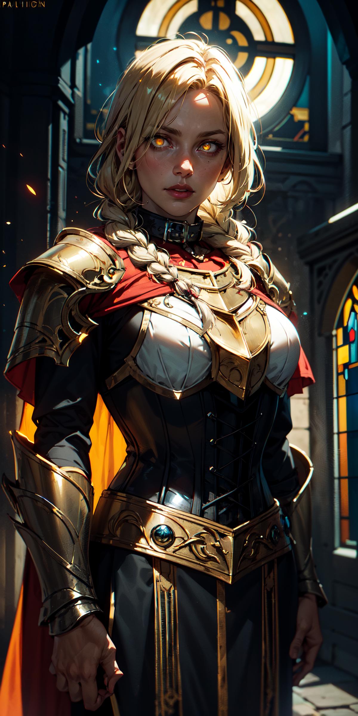 A digital art illustration of a woman wearing a black and gold armor, red cape, and white top.