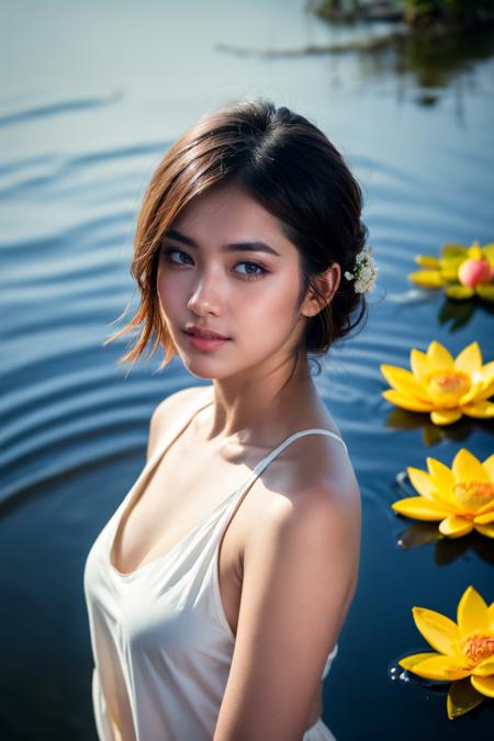 aoyem, (brown shirt), The woman's beauty can be enhanced by the reflection of the lotus flowers in the water. The vibrant colors of the lotus flowers can also add to the beauty of the scene, creating a harmonious blend of colors, RAW photo,(high detailed skin:1.2), 8k uhd, dslr, soft lighting, high quality, film grain, photorealistic, photo art, flower, a stunning photo with beautiful saturation, ultra high res,(realistic:1.4)),deep shadow,(best quality, masterpiece), pale skin, dimly lit, shade, flustered, blush, highly detailed, skinny, BREAK depth of field, film grain, wrinkled skin, looking at viewer, knee, warm smile, (upper body), masterpiece,ultra realistic,32k,extremely detailed CG unity 8k wallpaper, best quality
 <lora:aoyem_SDLife_chiasedamme_v01:0.75> <lora:add_detail:0.2>  <lora:more_details:0.2>