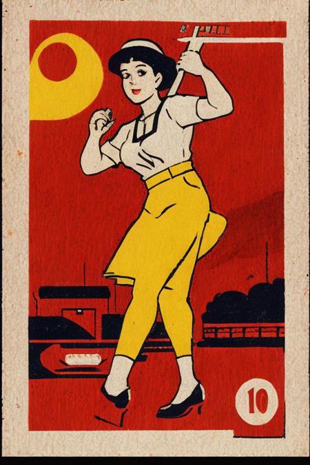 The Saucy Milkmaid, a highly detailed 1970s Matchbox Label in the style of pulp comic illustration. red, yellow and dark navy, cow print pattern, anime vibes, VSML,