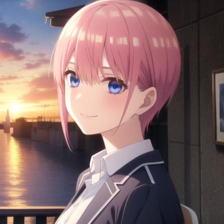 ((masterpiece)),(best quality),official art,extremely detailed CG,unity 8k wallpaper,ultra detailed,A lighthouse on a cliff by the sea,1girl,solo,upper body,(portrait:1.2),short_hair,pink_hair,blue_eyes,blue_jacket,white_shirt,green_skirt,bangs,school_uniform,smile,collared_shirt,hair_between_eyes,pleated_skirt,dress_shirt,breasts,long_sleeves,<lora:Nakano Ichika(tqq)>,