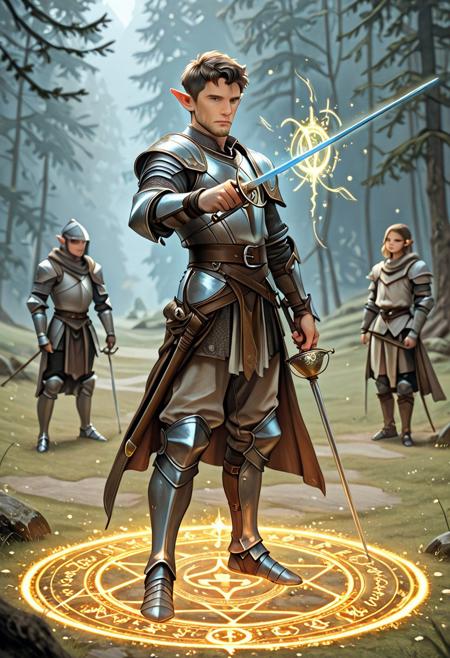 score_9_up, score_8_up, score_7_up, score_6_up. masterpiece, best quality, good quality, very aesthetic, absurdres, semirealism, RapierXL, fantasy, 8K, depth of field, focused subject, Elf knight:1.3, 19yo male, adult , androgynous, pointed ears, short brown hair, male haircut, blue eyes, wearing detailed armor, knight's armor, casting spell, violet magic circle, he is standing, holding sword, rapier, weapon, blue glowing sword, park