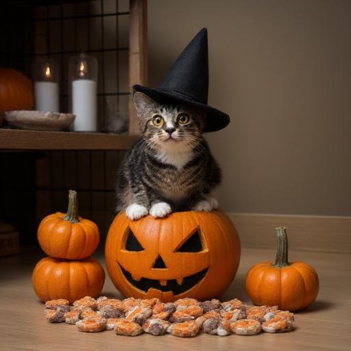 A whimsical Halloween scene featuring the cat wearing a tiny witch hat, perched atop a stack of pumpkins. The background is decorated with cobwebs and flickering candles, creating a spooky yet playful atmosphere. The cat’s wide eyes and twitching tail add to the enchanting charm as it prepares to leap into a pile of candy and treats, embodying the spirit of Halloween mischief.,sesame