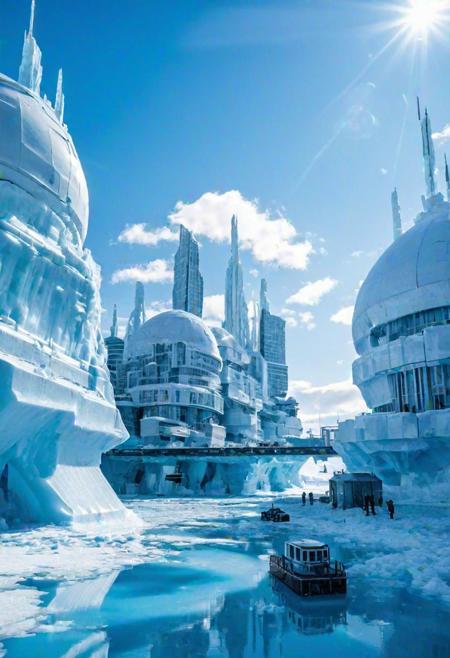 A large post-apocalyptic futuristic city on an iceberg, ice city, biomimetism, north pole, city of ice, blue and white, skylight, domes, city in multiple platforms, floating city, cold