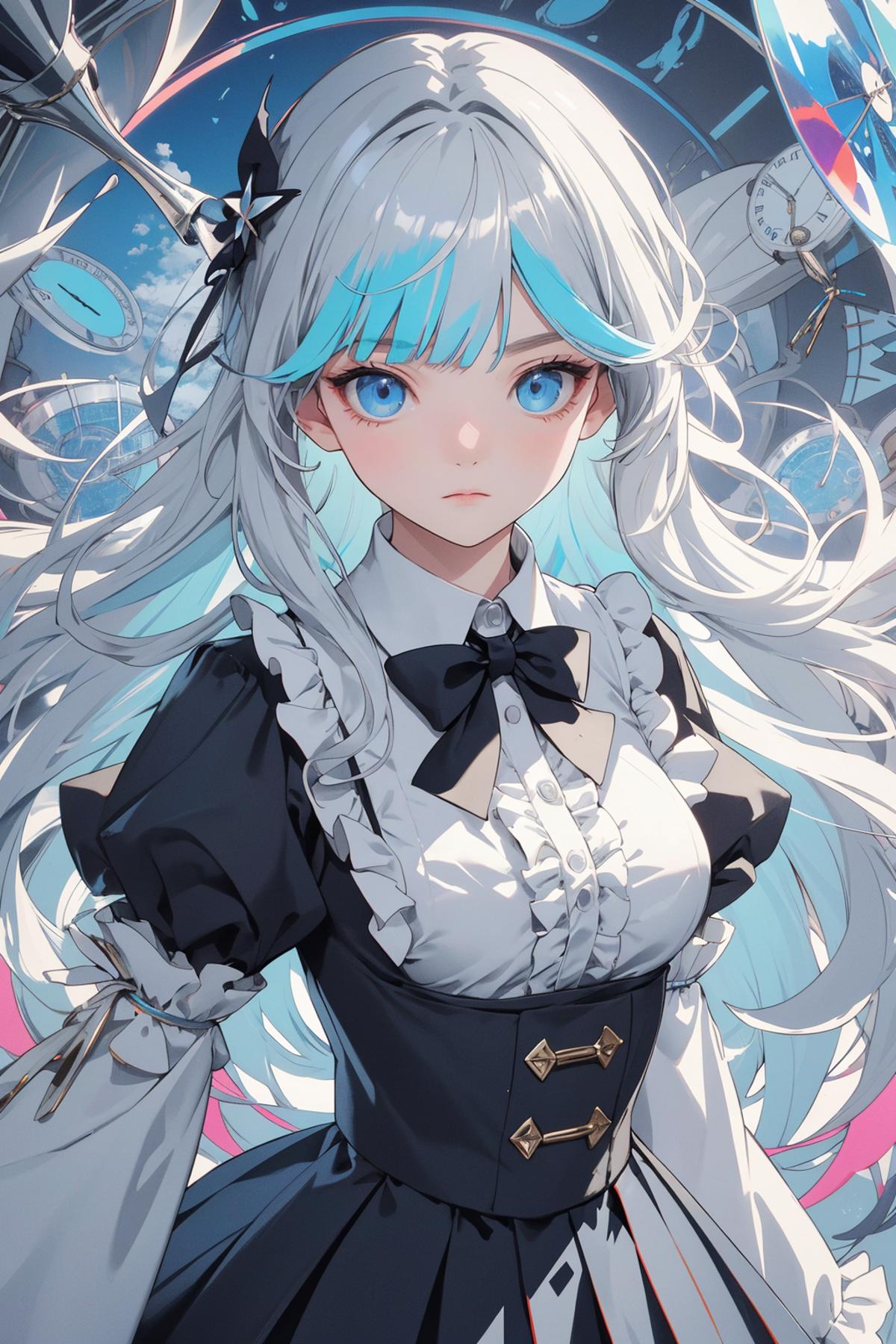 Anime character in maid outfit with blue eyes and pink hair.