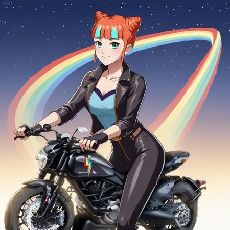 Neon_RWBY  Orange hair, twintails, cat tail, streaked hair, aqua eyes, bike shorts, blue singlet, fingerless gloves, midriff, collar, shorts under skirt, neck bell Orange hair, short hair, aqua eyes, blunt bangs, double bun hair,streaked hair, multicolored hair, cropped jacket, choker, shorts, open jacket, midriff, neck bell, collar, long sleeves, belt