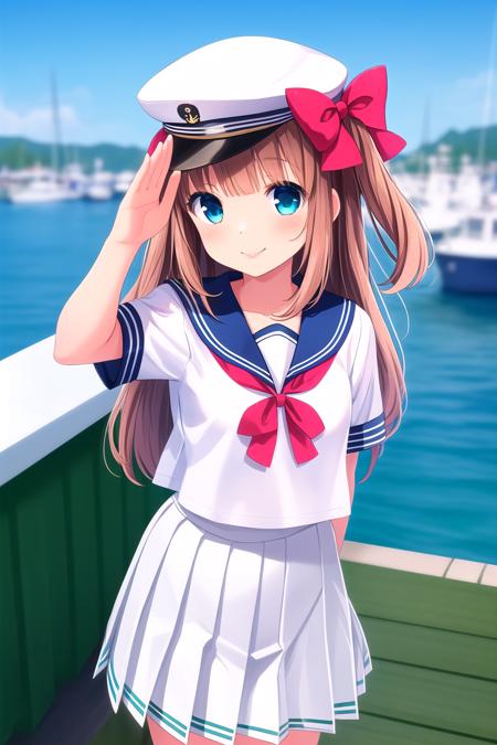 (masterpiece, best quality), highly detailed background, perfect lightingbest quality, yuukinae, solo, outdoors, watercraft, sailor, sailor hat, brown hair, two side up, hair ribbon, red ribbon, long hair, blue eyes, white serafuku, blue sailor collar, short sleeves, (arm up, salute), white skirt, pleated skirt, sailor uniform, smile, closed mouth, :), pink lips, <lora:Yuuki-Nae:0.7>