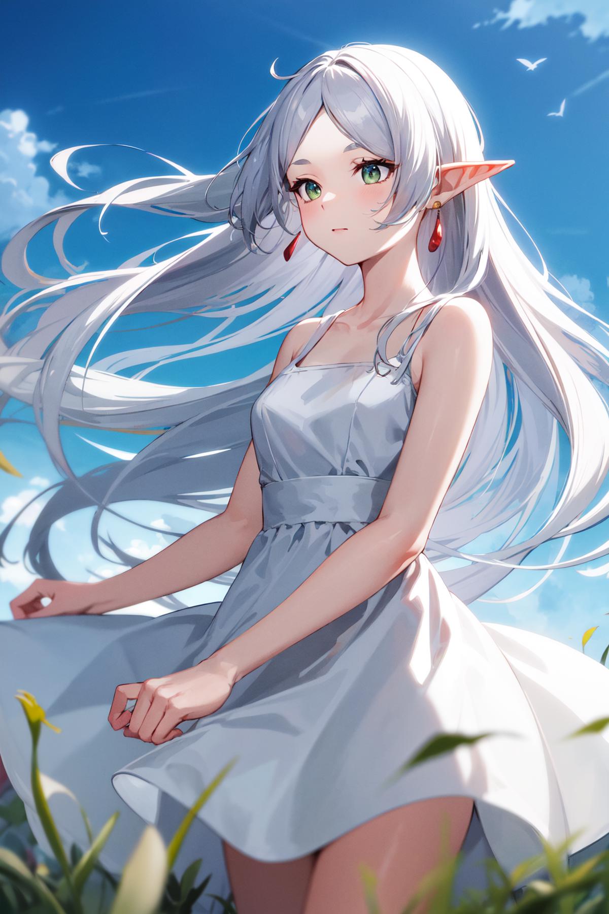 A White-Haired Female Character in a White Dress with Red Accessories.
