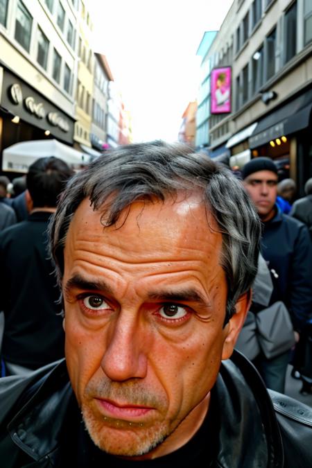 a man contemplating <lora:terryDavis:1>, RAW, UHD, 8K, looking at camera, in a crowded street, outside, people in the background, candid, amateur, natural lighting, perfect day