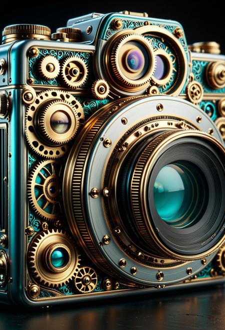 g3ars, made out of gears SDXLposXL, photograph, close-up, medium close-up, vantage height: eye-level, detailed, ornate, vintage camera, rich gold and turquoise colors, intricate patterns, floral and leaf designs, metallic textures, shiny surfaces, high contrast, sharp focus, camera lens centered, dark background, soft lighting, high detail, luxurious, artistic, decorative, steampunk style, camera body adorned with gold and turquoise, intricate gold embellishments, turquoise surface with gold accents, lens surrounded by gold ring, camera buttons and dials also gold, ornate design elements, high quality, elegant, intricate craftsmanship, simple background, camera centered in frame, focus on camera design, 