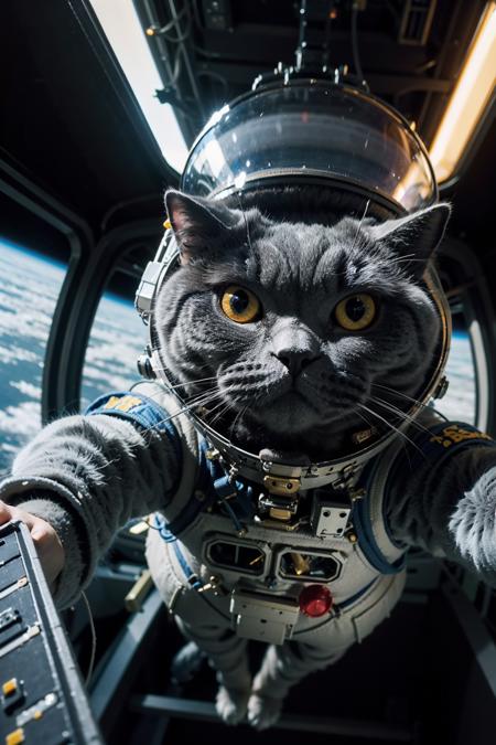 ((masterpiece), (best quality), ultra high res, (raw photo:1.2), (photorealistic:1.4), Exceptional detail, dramatic lighting, highres,   8k, absurdres,  1cat, Chartreux,  ((space helmet)), astronaut, flying cat, universe,  aliens,  alien space ship, spaceship light on cat,  hand POV,  earth, 
 animal focus, animal, no humans, realistic, looking at viewer, 
<lora:Chartreux_38-000002:0.6>,