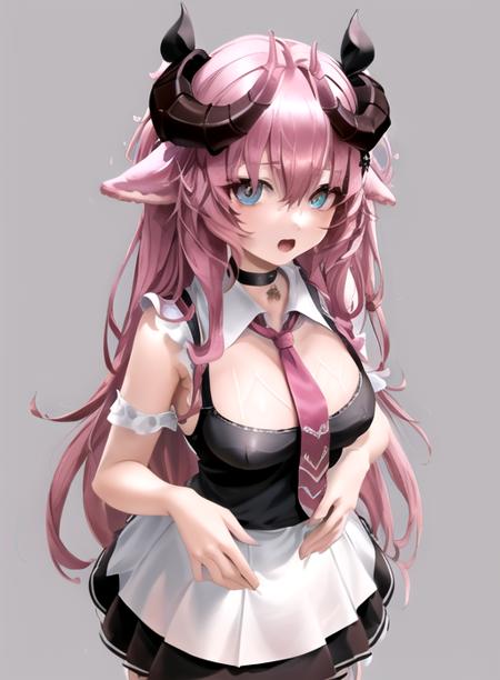 best quality, (masterpiece),(ultra-detailed), (high quality), (high resolution),  <lora:Irelyth-10:0.7>,1girl, animal ears, bangs, black choker, black dress, blue eyes, blue hair, breasts, choker, cleavage, collared shirt, curled horns, demon horns, fang, from above, hair between eyes, horns, long hair, looking at viewer, necktie, open mouth, pink hair, pink necktie, pink skirt, ribbon, rose, school uniform, sheep ears, simple background, smile, solo, swimsuit, tattoo, transparent background, very long hair, virtual youtuber, white background, white shirt