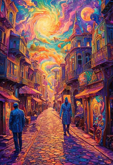 psychadelic, A surreal, dreamlike street scene where figures are perfectly posed, their features stylized yet intensely detailed