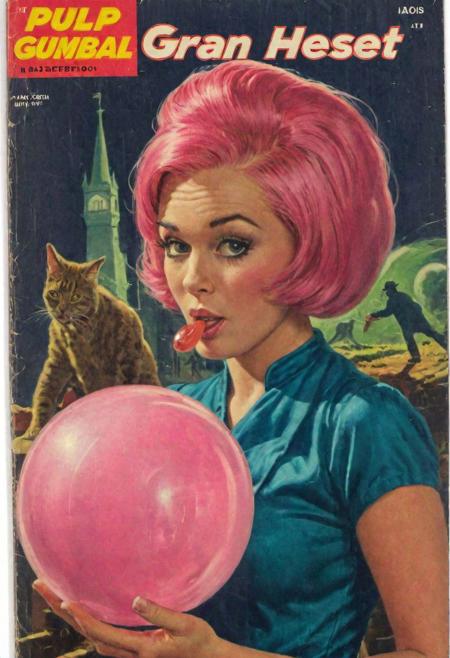 vintage comic book cover, Pulp Comic book cover 'The Great Gumball Heist', illustrating a 19-year-old woman with pink dyed pixie hair, masterminding a ludicrous heist to steal a giant, priceless gumball from a heavily guarded candy museum, with a team of quirky confectionary experts."