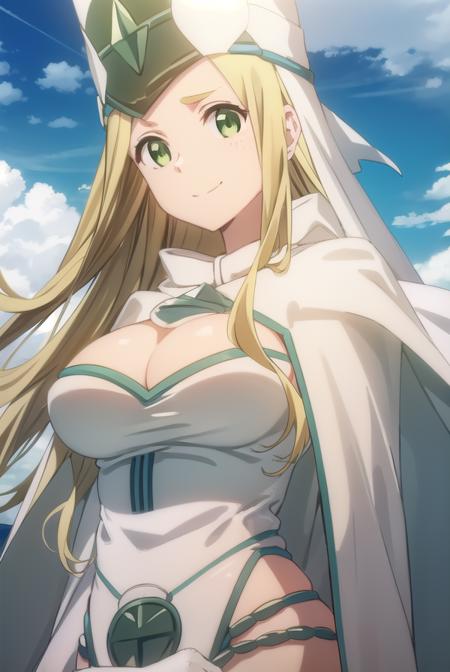 bofurimisery, <lora:bofuri misery s2-lora-nochekaiser:1>,
misery, long hair, blonde hair, (green eyes:1.5), smile,
BREAK hat, cleavage, cape, white cape, dress, white dress, long sleeves,
BREAK outdoors, forest, nature, sky, sun, clouds,
BREAK looking at viewer,
BREAK <lyco:GoodHands-beta2:1>, (masterpiece:1.2), best quality, high resolution, unity 8k wallpaper, (illustration:0.8), (beautiful detailed eyes:1.6), extremely detailed face, perfect lighting, extremely detailed CG, (perfect hands, perfect anatomy),