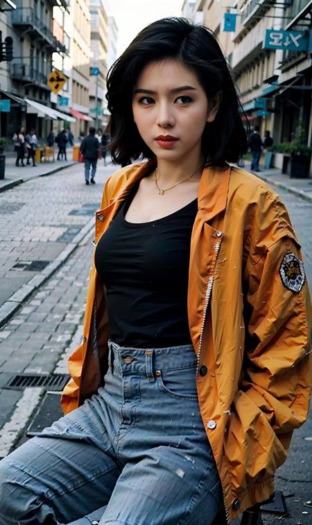 (RAW photo, best quality), (realistic, photo-realistic:1.30),girly,solo,1girl,detailed eyes,hair decoration,trendy expression,jacket,top,pants,(style:1.5),outdoors,mall,clothes,detailed background,(blue and orange tone impression:1.3), soft lighting,gorgeous light and shadow ,stunning environment, hyperdetailed, (aestheticism), ethereal, golden hour,   <lora:luohuijuan:0.8>