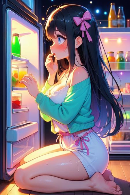 refrigerator hands on mouth from side colorfully neon lights cake chiffon cardigan seiza bare feet