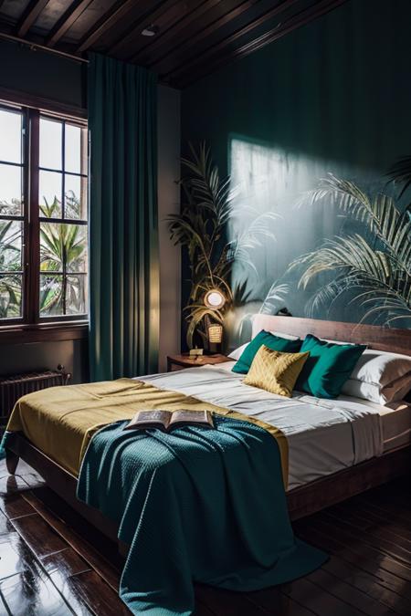 photography, bedroomtropical twinbed with green wallpaper, plant, dim light, mirror, yellow curtains, paintings, ornament, wooden floor, yellow light, dawn, palm tree, waterfall, stone, <lora:ARWBedroomTropical:1>