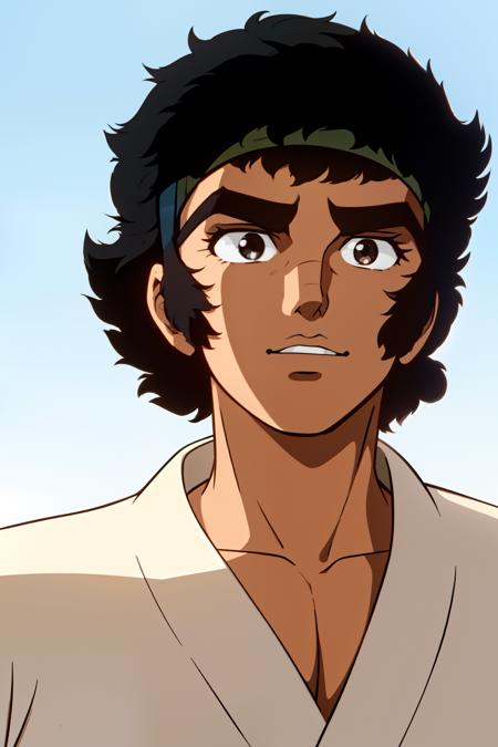 1boy, 1980s anime style, JIRO-KAMUI, \(the dagger of kamui\) short hair, black hair, thick eyebrows, brown eyes, middle sideburns, white shirt, jeans, white shoes, japanese-dagger, face close-up, face focus, upper body,