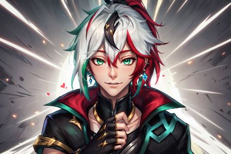 Heartsteel Style, 1boy, male focus, green eyes, solo, ponytail, white hair, red hair, streaked hair, multicolored hair, two-tone hair, closed mouth, long hair, looking at viewer, gloves, jewelry, upper body, earrings, black gloves, fingerless gloves, Yone, League of Legends <lora:Heartsteel_Style-10:0.8>