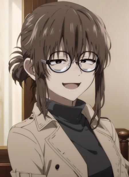 masterpiece, best quality, high quality, 1girl, solo, <lora:uguisuAnkoYofukashiNo_v10:0.8>, uguisu_anko, glasses, round eyewear, brown hair, folded ponytail, black eyes, turtleneck sweater, black sweater, trench coat, brown coat, open coat, portrait, indoors, anime screncap, :d, smile