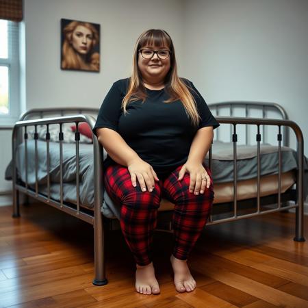 A full body shot of a chubby adult Scottish woman with long straight bangs, glasses, a black t-shirt, and red flannel leggings. She is barefoot sitting  the side of a metal bed in a bedroom with hardwood floors. Warm lighting,