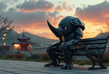 Create a 3D image of a robot rhino beetle sitting on a bench, inspired by 'Shadowbringers' cinematic and 'Rhino Beetle' by Wlop and Artgerm. Incorporate a horned helmet and a sad face, with a background that resembles a Japanese sightseeing spot. The atmosphere should evoke a sense of nostalgia, as if the robot rhino beetle is reminiscing about past battles. Utilize Unreal Engine with 8K HDR resolution, RTX on, and detailed light effects. Ensure the image has epic composition, realistic clouds and lighting, and is trending on Artstation.