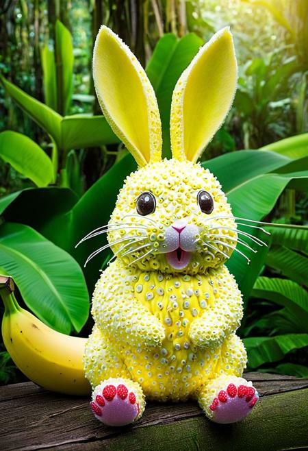 Create an image of a whimsical creature that resembles a small rabbit with the texture and color of a banana strawberry. The creature's body and face are covered in strawberry red, with characteristic seed-dotted skin. It has green leaf-like structures mimicking ears and a ruff around its neck, as if the top of a `banana was placed on its head. This rabbit-like entity has round, innocent eyes, a green pink nose, and delicate white whiskers. Its pose is seated, with one paw slightly raised as if it were about to take a gentle step, and its tail curls behind its body, appearing plump and banana-like as well. Surrounding the creature are actual bananas of a similar shade of yellow and with green caps, scattered on a glossy wooden jungle surface. In the soft-focused background, hints of jungle plants in shadows create an almost ethereal setting. The overall atmosphere is quaint and charming, evoking a sense of magical realism.