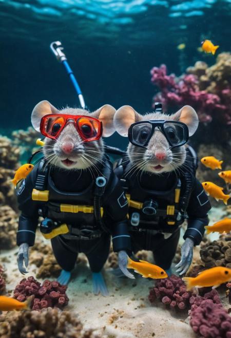 Professional photo of a couple of mice scuba diving ,
Realistic, colorful fish made out of Legos, beautiful, wonderful, cinematic, whiskers, mask, air regulator, fins, swimming underwater, ocean
