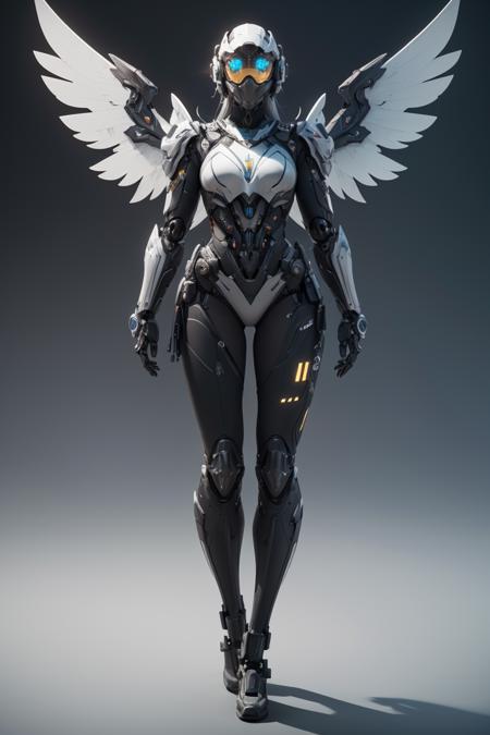 (Two mechanical wings:1.2),((Best quality)),((masterpiece)),(detailed:1.2),3D,an image of a beautiful cyberpunk female with all black armour,HDR (High Dynamic Range),Ray Tracing,NVIDIA RTX,Super-Resolution,Unreal 5,Subsurface scattering,PBR Texturing,Post-processing,Anisotropic Filtering,Depth-of-field,Maximum clarity and sharpness,Multi-layered textures,Albedo and Specular maps,Surface shading,Accurate simulation of light-material interaction,Perfect proportions,Octane Render,Two-tone lighting,Wide aperture,Low ISO,White balance,Rule of thirds,8K RAW,