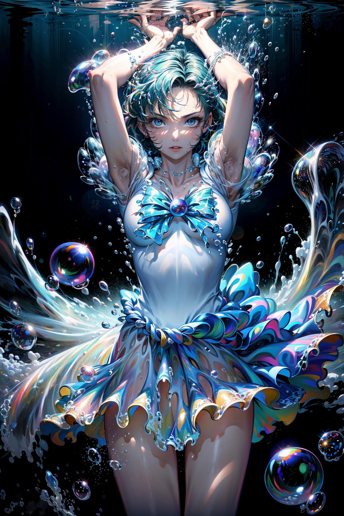 A Splashing Mermaid Image with Blue Waves, Bubbles, and a Bow.