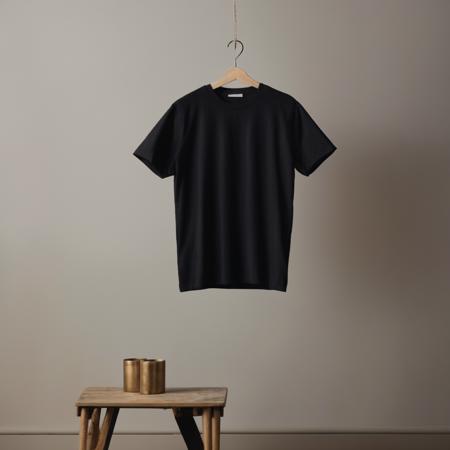 a close up of a black t-shirt hanging on a hander, isolated background, studio lighting, product photography, professional, 4k, perfect, detailed, calm, emotional, shiny, vibrant color, pretty, clear, coherent, artistic, beautiful, sharp focus, intricate, expressive, cute, best, light, quiet, innocent, fine detail, full, shining