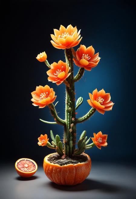 8k analog photo, Cactus made of blood orange, with blue flowers, blood orange style, dark background,