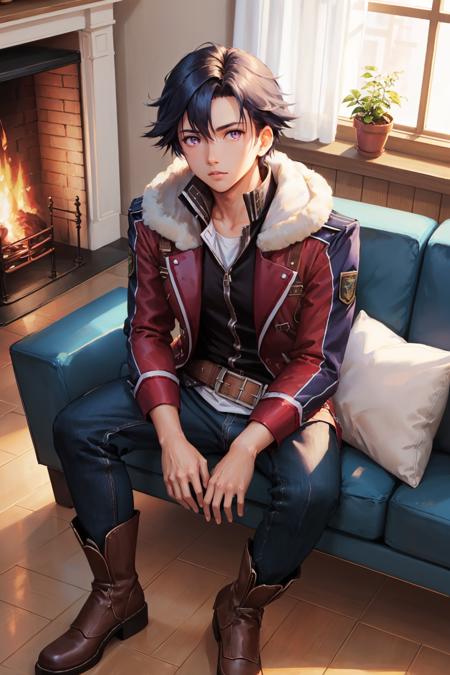 masterpiece, best quality, rean schwarzer, sen2rean, red coat, fur trim, black shirt, brown belt, blue pants, brown boots, sitting, wooden building, fireplace, couch, looking at viewer, from above, purple eyes <lora:rean-nvwls-v1-000009:0.9>