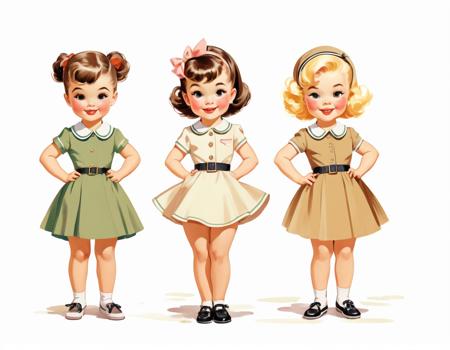 pin-up illustration of little kids in bisque and darkkhaki clothes on white background, pin-up style, flat colors, pale colors, 1960s, brush strokes drawing, centered composition