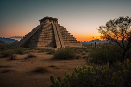 (tall ancient stone towers; 1.39) (ziggurat temple complex emerging from landscape: 1.39) raw photo, a sunset landscape, Arizona desert, Saguaro Cactus, Tall Mesa,  cozy, photorealistic, high detailed texture, 8k uhd, dslr, soft lighting, high quality, film grain, (Fujifilm XT3, Sony A7 IV: 1.19), highly detailed photography, (muted colors, cinematic, dim colors, soothing tones:1.2), vibrant, insanely detailed, hyperdetailed, (dark shot:1.2), (vsco:0.3), (intricate details:0.9), (hdr, hyperdetailed:1.2) (highest coherency: 1.39) (highest quality: 1.39) (rule of Thirds) (award winning) (breathtaking) (masterclass) (vibrant color: 0.79) (distant hillside) (cinematic lighting, David Park, lights,)