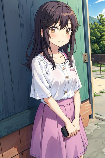 <lyco:ichijou_hotaru:0.7>ichijou hotaru, skirt, smile, cowboy shot, looking at viewer, shirt, short sleeves, purple skirt, outdoors, day, scenery, (bush:1.2), rural road, <lora:outline:-0.2>