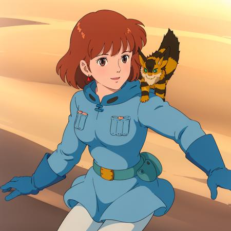 <lora:Nausicaa001:0.7>,
Nausicaa,1girl,
animal on shoulder,blue jacket,hood,hood down,belt,blue skirt,blue gloves,white_pantyhose,
looking at viewer,smile,
desert,