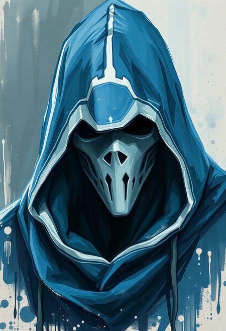 Hooded wizard, blue hood, white trim, white mask, rendered with bold, expressive smudges and unfinished strokes, art nouveau, high detail, atmospheric, painterly.