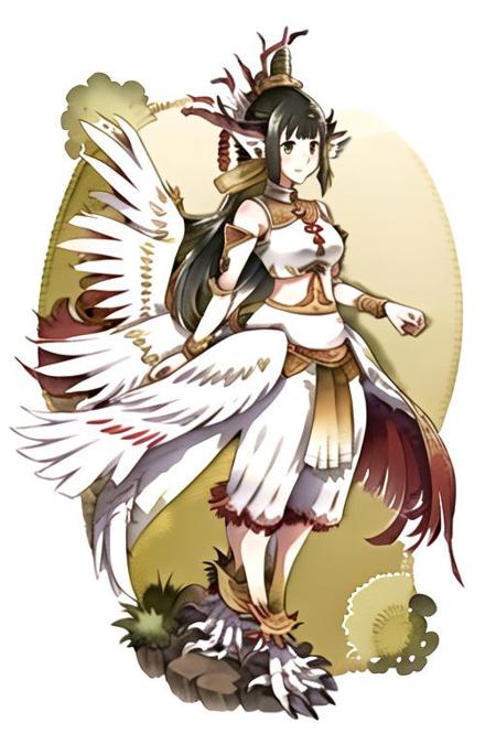 1girl, kinnari, watercolor, white and red feathers, full body, split feathers, yellow feathers, white feathers, anime