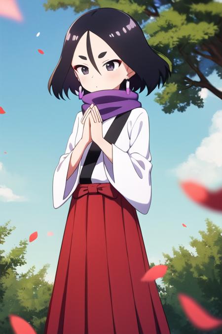 masterpiece, best quality, <lora:kunoichi_fuki:0.7> 1girl, solo, black eyes, black hair,  hair between eyes, short eyebrows, earrings, red skirt,  white kimono, purple scarf, sash, long sleeves, wide sleeves, outdoors, tree, falling petals, own hands together,