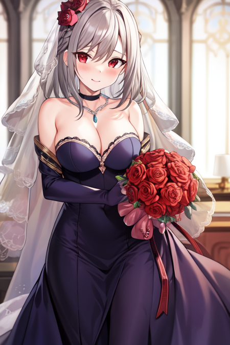 bridal, cleavage, blush, rose, bouquet, red eyes, choker, large breasts, hair ornament, grey hair, necklace