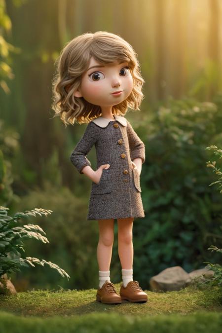 high-quality 3D character of a tiny 3D claymation Taylor Swift whimsical character, realistic hair and tweed clothes, a whimsical character standing amidst lush greenery, golden hour, which provides a sense of scale and makes the character appear as if he belongs to a miniature world. The backdrop is softly blurred, with bokeh effects that suggest a forest or garden setting.