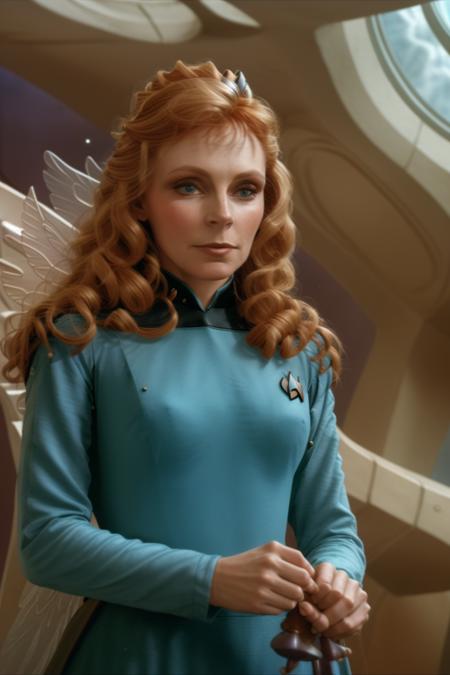 <lora:tngcrusher:1> woman in blue starfleet uniform, fairy wings, fairy godmother, tiara, star shaped wand granting wish, wizard of oz